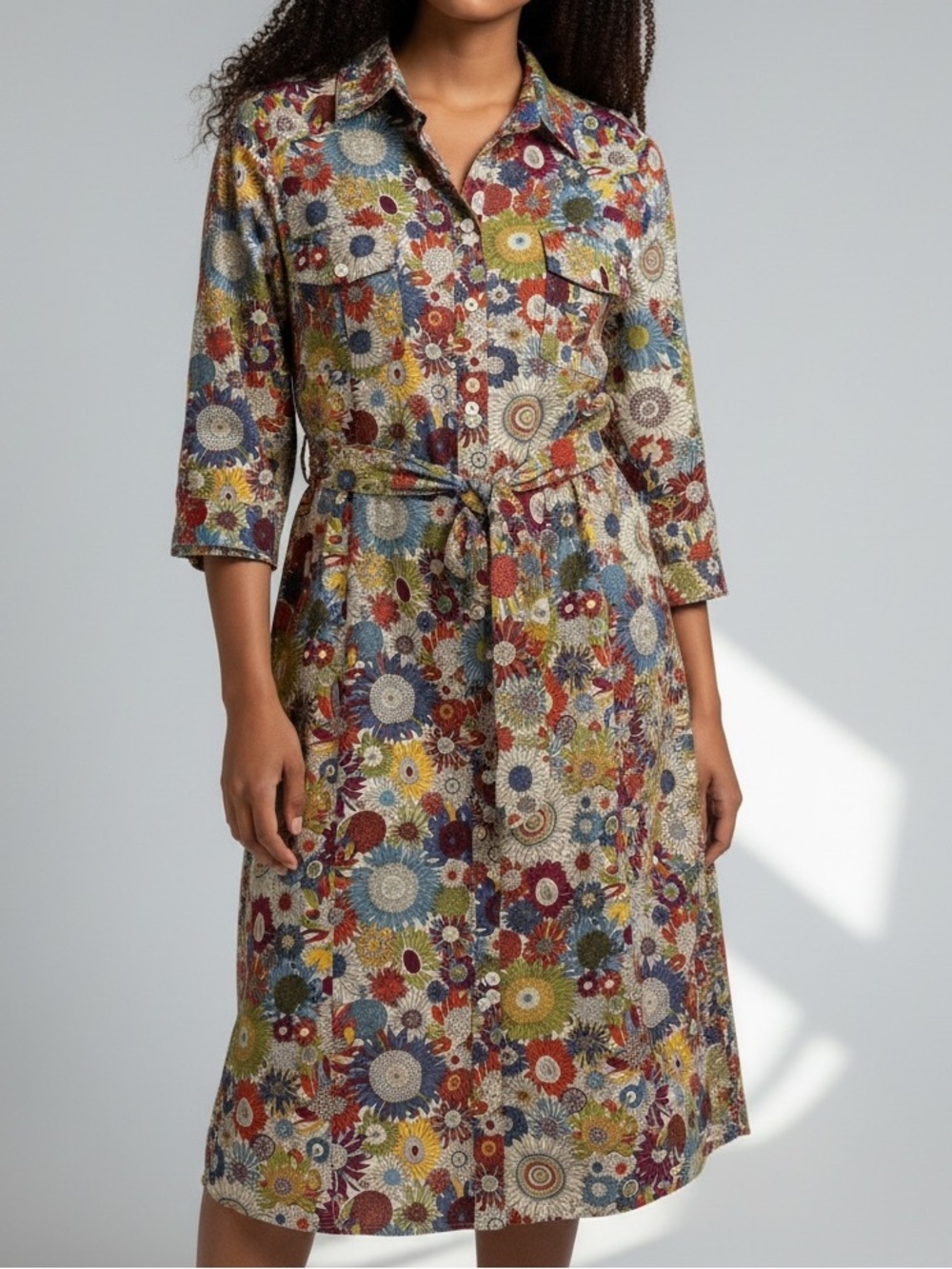 Liberty Art Fabric Floral Belt Shirt Dress in Blue Yellow & Brown Size 10 Cotton